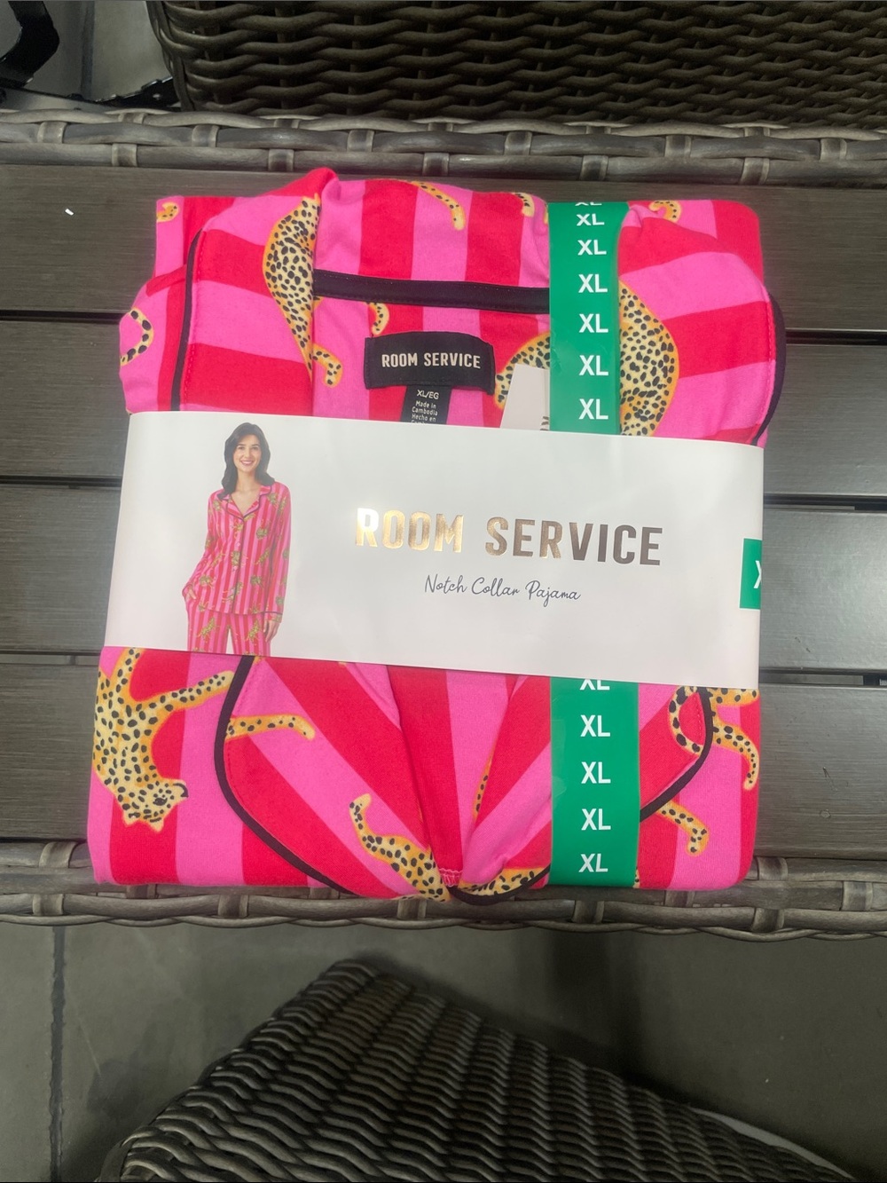 Room Service Notch Collar Leopard Long Sleeve Pajama Set Size XL